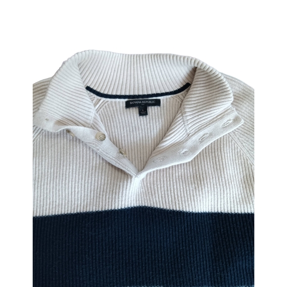 Banana Republic Men's Button Up Sweater - Cream, Navy, Gray Coastal, Preppy - Picture 10 of 11